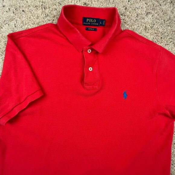 Polo Ralph Lauren Polo Shirt Large Solid Red Custom Fit Casual Cotton Blue Logo - Picture 1 of 9